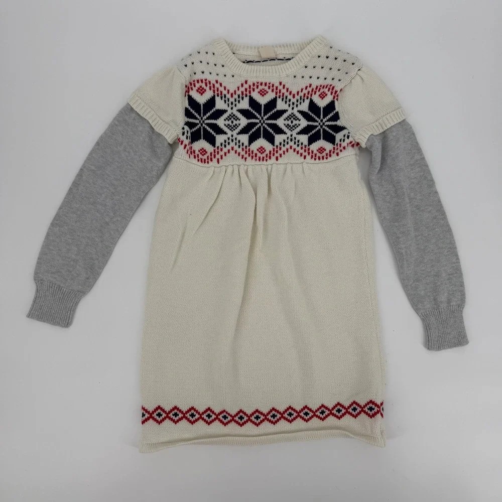 Old Navy Girls Fair Isle Snowflake Knit Sweater Dress Cream Grey Red Size M 8